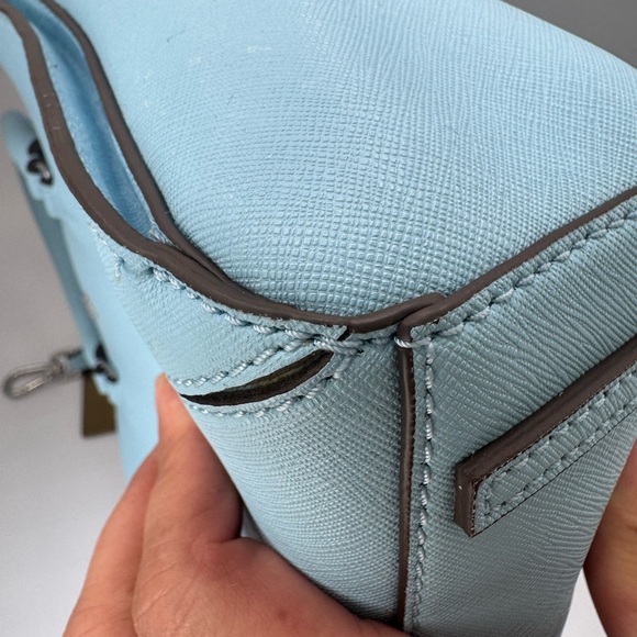 Tory Burch Baby Blue Leather Robinson Tote Two Way Silver Hardware Polo Scarf - Picture 15 of 17